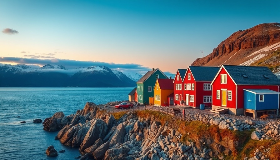 Colorful houses on Nuuk coastline with mountains, sunset view.