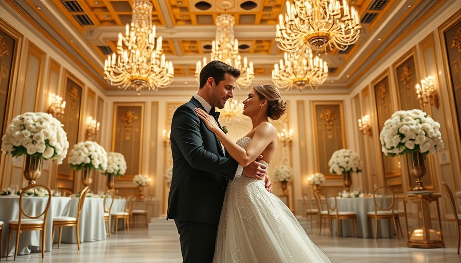 Luxurious American wedding scene with dancing couple and elegant decor.