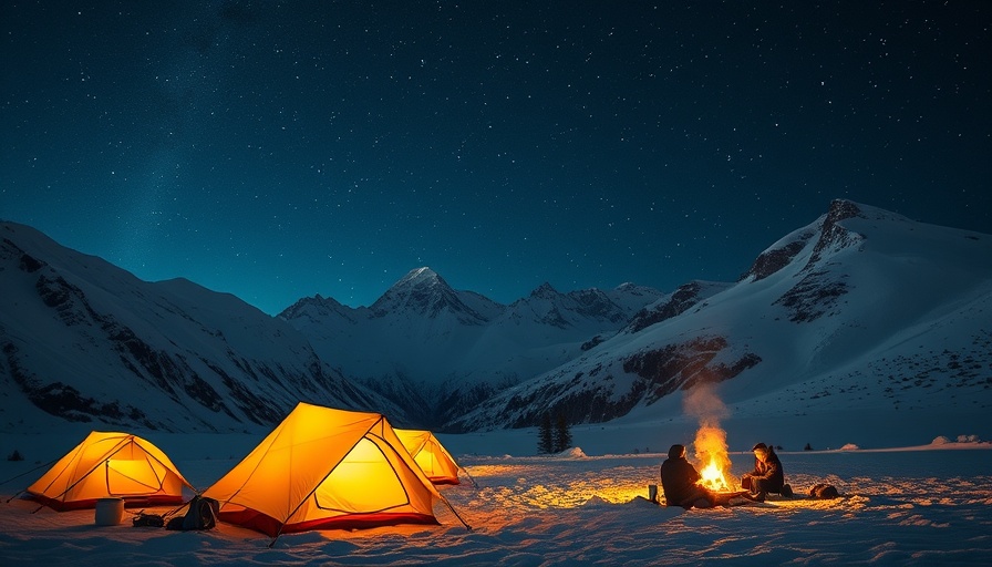 Heated clothing for cold weather: cozy winter campsite with glowing tents