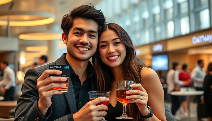 Cathay World Elite Mastercard in airport lounge with smiling couple enjoying drinks.