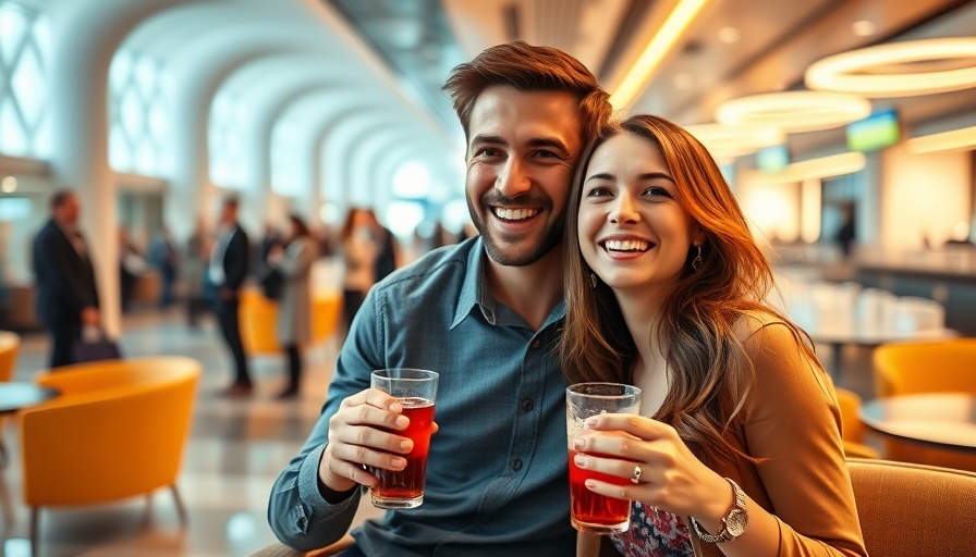 Smiling couple in airport lounge with Cathay World Elite Mastercard.