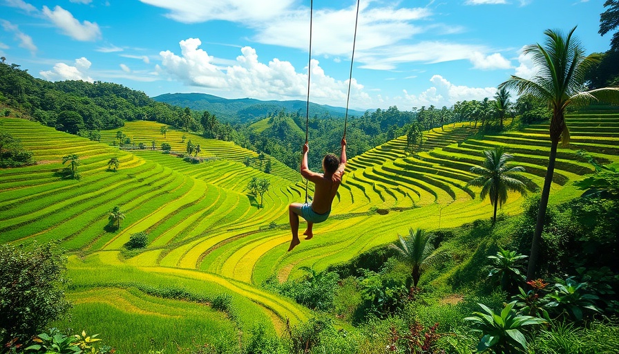 Person swinging over best rice terraces in Bali, scenic view.