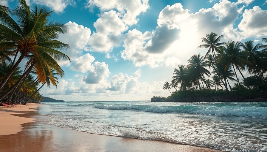 Tropical beach retreat destination with palm trees and gentle waves.