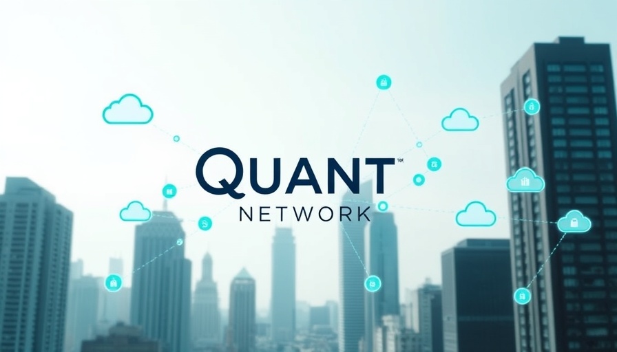 Quant Network logo with interconnected blockchain nodes symbolizing cross-chain communication in a cityscape.
