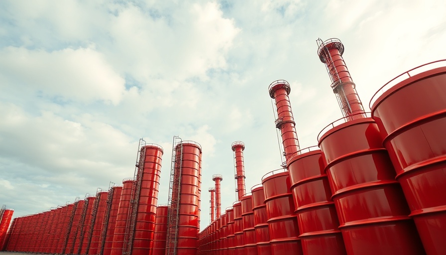 Stacks of red oil barrels under a cloudy sky, illustrating energy investment challenges.