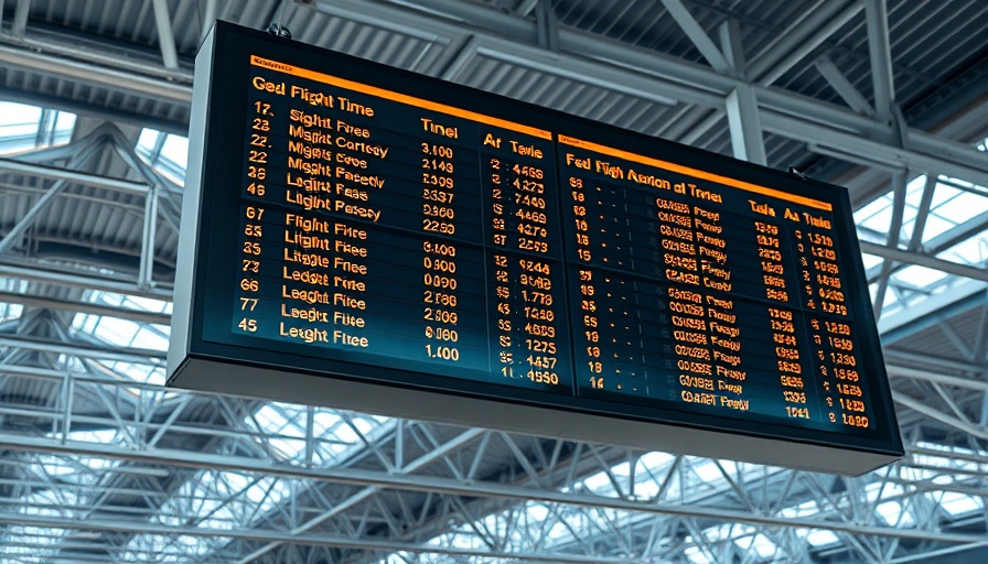 Electronic departure board showing flight times, One-Way vs. Round-Trip Flights.