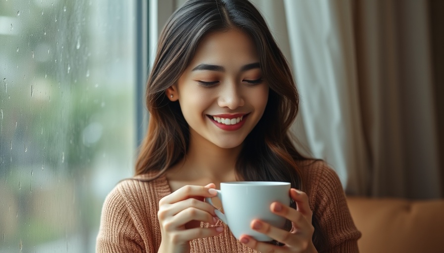 Young woman enjoying tea at leading airport hotel in Manila during rainy season.