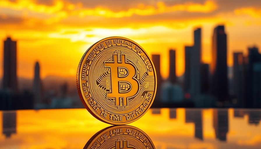 Golden Bitcoin with futuristic cityscape, sunset backdrop.