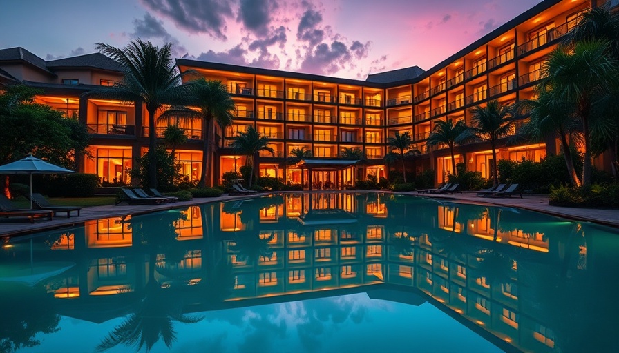 South Palms Resort Bohol at twilight with illuminated windows.