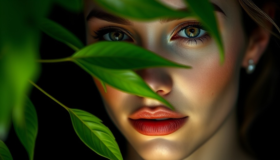 Natural skincare theme with a woman's serene close-up and plant leaves.
