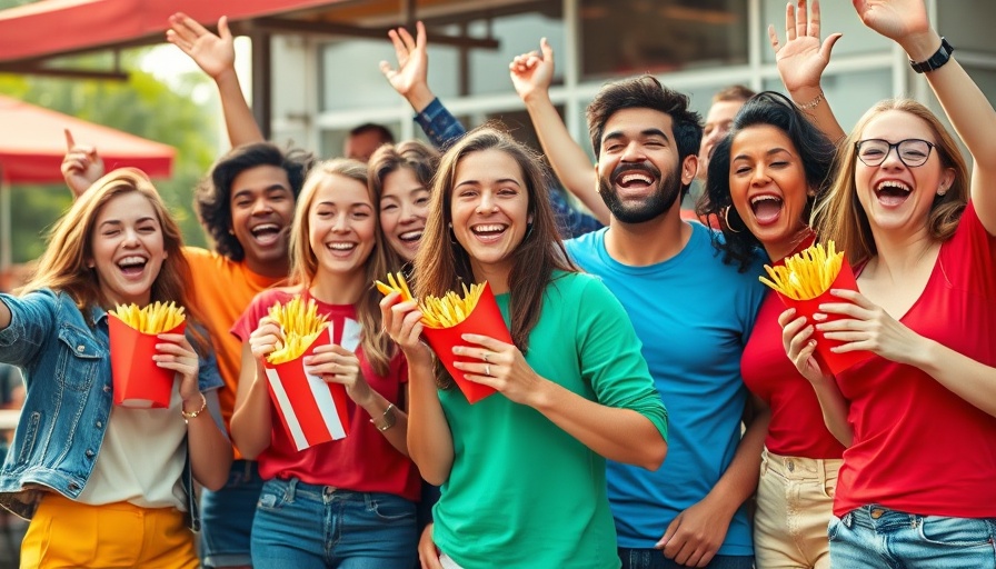 Joyful celebration with Potato Corner fries, vibrant scene.