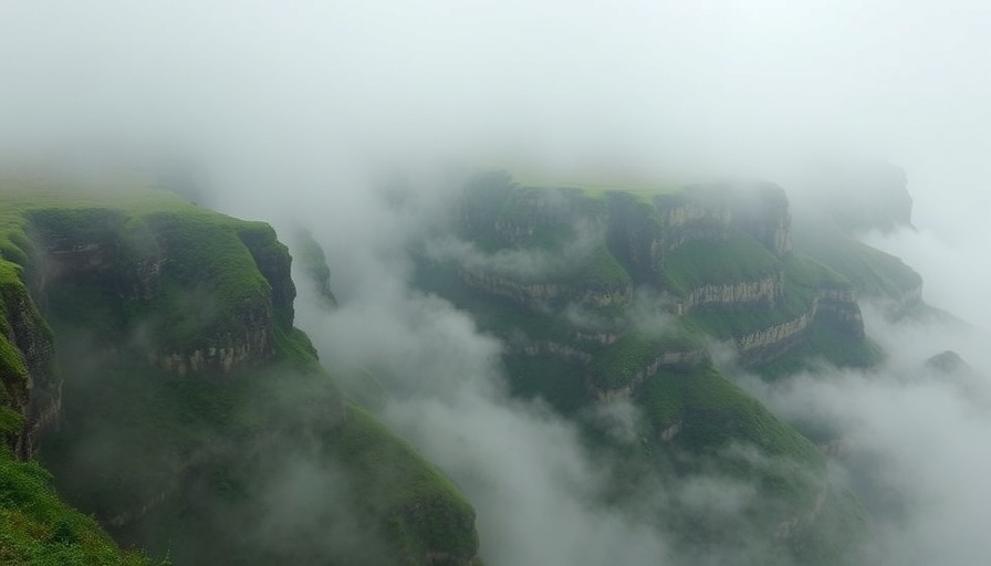 Misty cliffs in Nashik during monsoon trek.