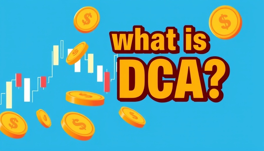 Illustration of floating coins and candlestick chart explaining Dollar-Cost Averaging in Crypto.