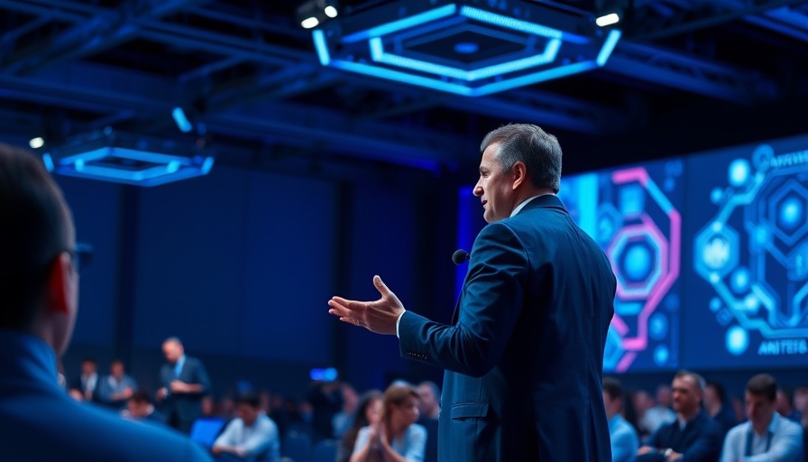 Confident professional discussing AI at a tech conference, highlighting AI-First Online Travel Ecosystem.