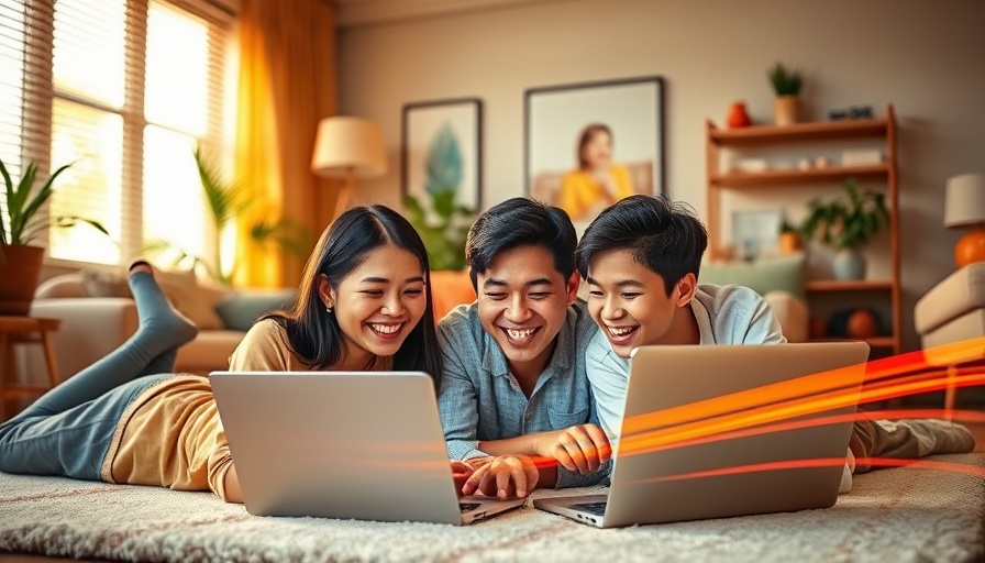 Happy family using laptop in living room, feeling one less bill to pay.