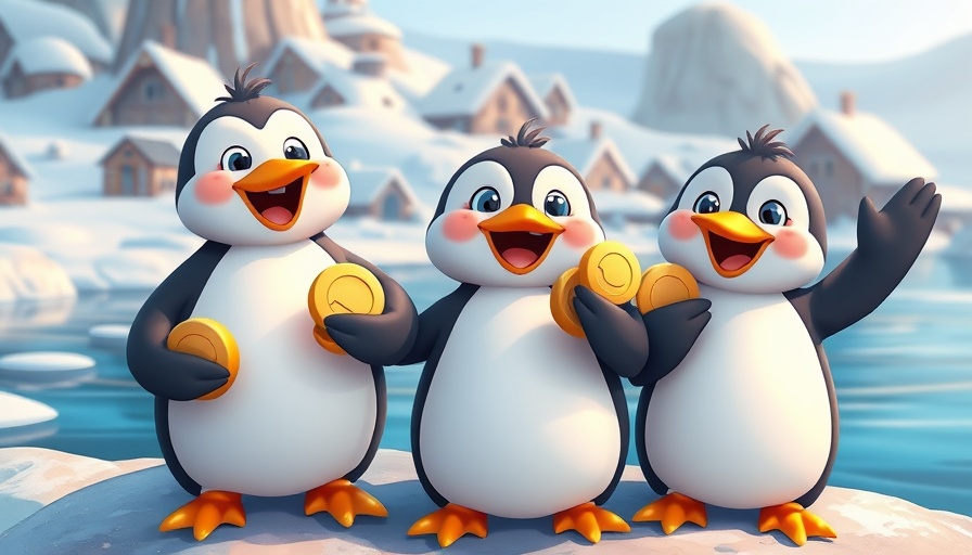 Cartoon penguins invest in Arctic Pablo Coin by icy igloos.