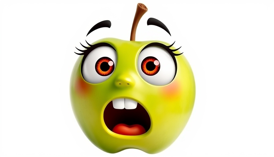 Cartoon apple showing surprise on white background, illustrating Apple AI integration struggles.