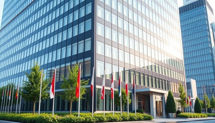 Corporate building, flags, and greenery in urban setting.