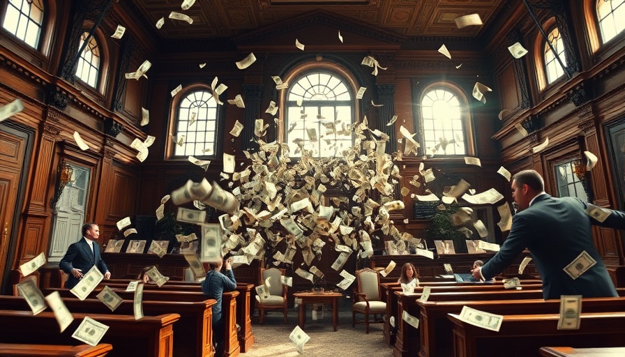 Dramatic courtroom scene with money whirlwind, Coin Center Tornado Cash Appeal.