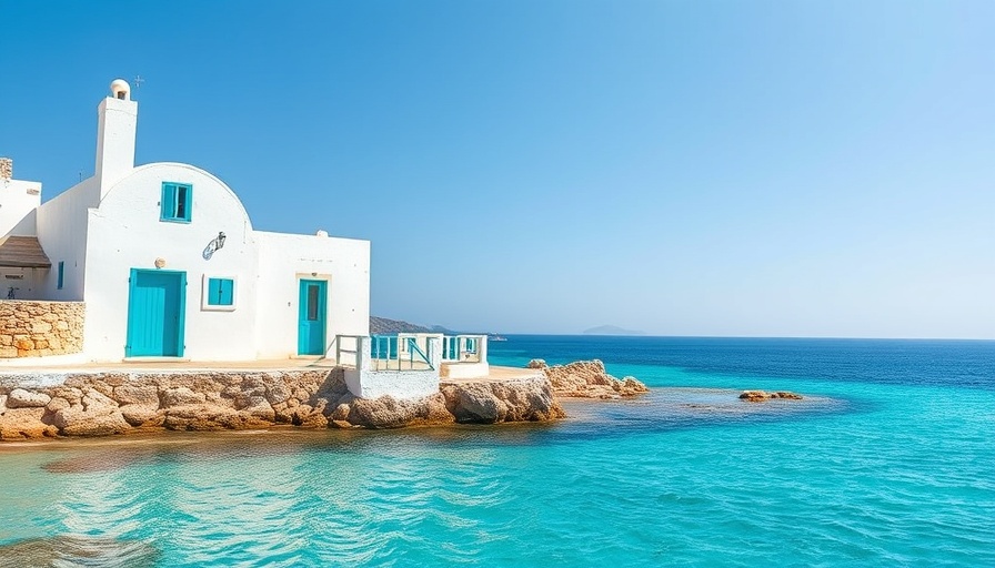 Turquoise coastal view near white house, capturing serene beauty.