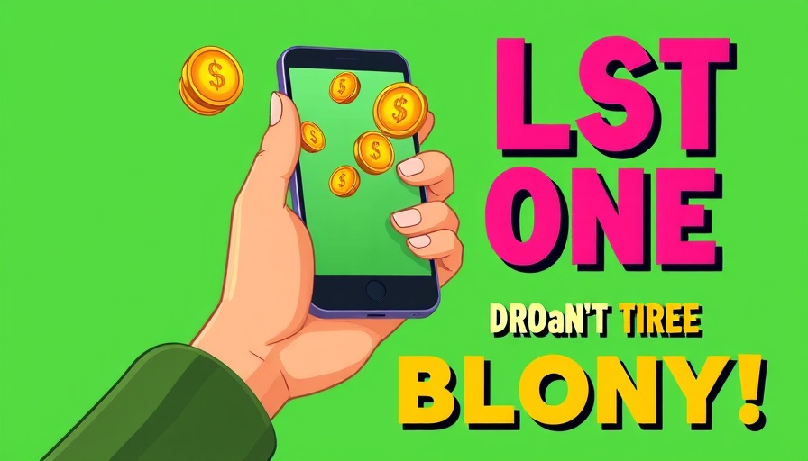 Bright cartoon hand and phone with animated coins, Tap-to-Earn Games 2025.