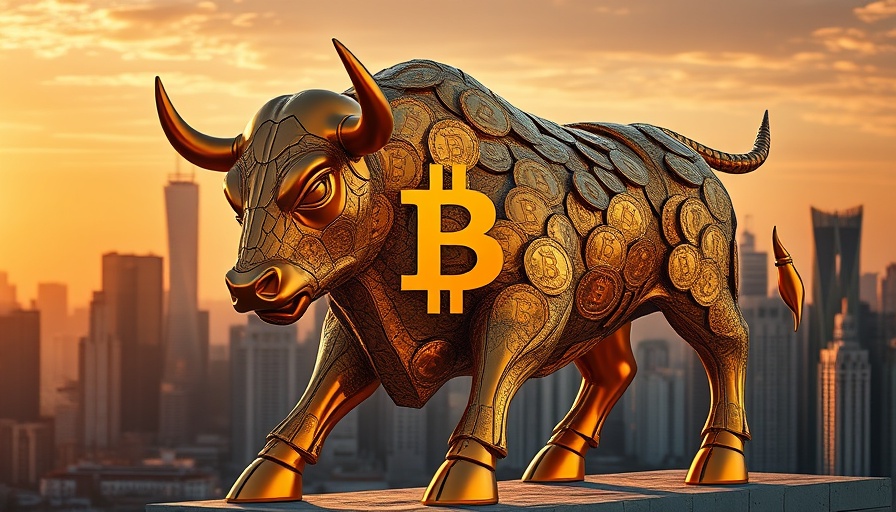 Golden bull with Bitcoin emblems against cityscape.