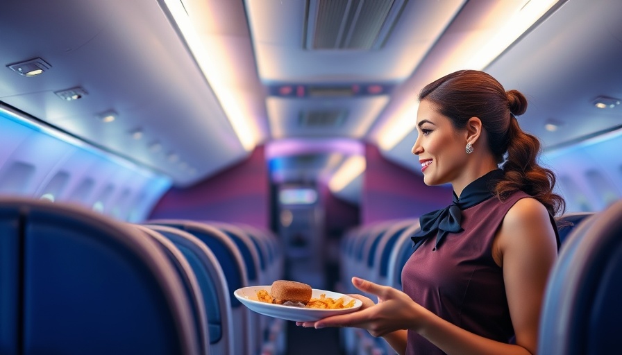 Malaysia Airlines cabin interior with flight attendant serving passenger, promoting Travel Madness Expo 2025.