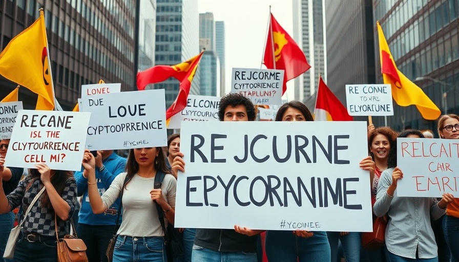 Diverse group protesting cryptocurrency in city square.