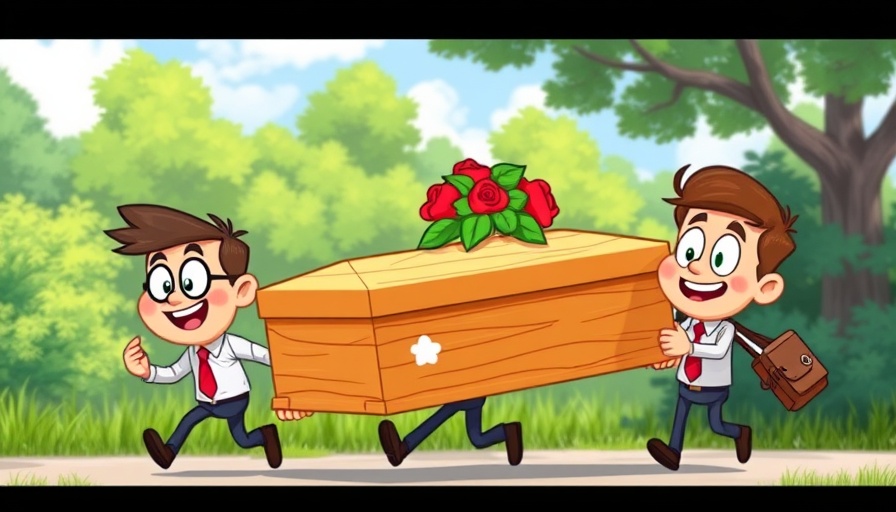 Humorous meme coin cartoon with characters carrying a coffin.