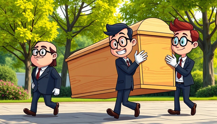 Humorous cartoon of meme coins being carried in a coffin by cartoon characters.