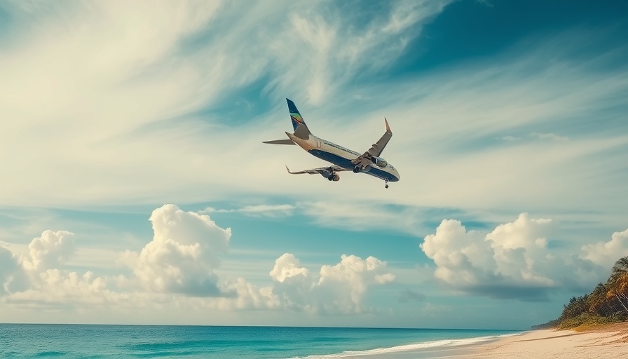 Commercial airplane flying over Mai Khao beach towards landing.