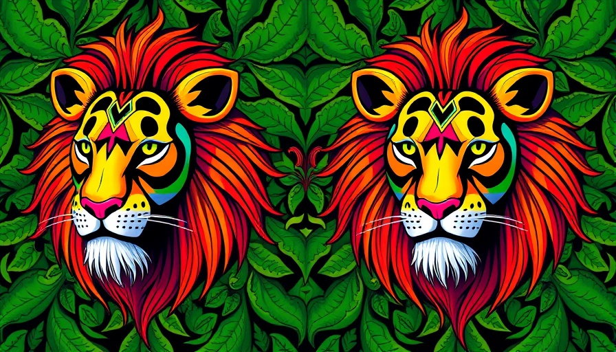 Vibrant lions with abstract design on green background for Africa cryptocurrency news.