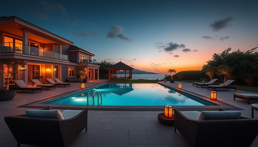 Luxurious villa setting featuring pool, elegant seating, and soft lighting.