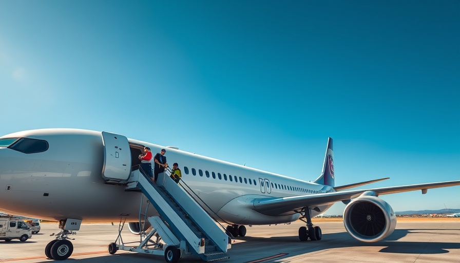 Low-cost airline plane boarding under a sunny blue sky