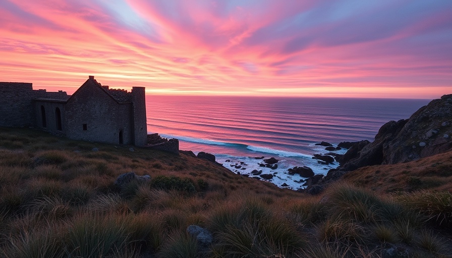 Scenic view of Cornish coast with historic ruins at sunset, best areas in Cornwall to visit.