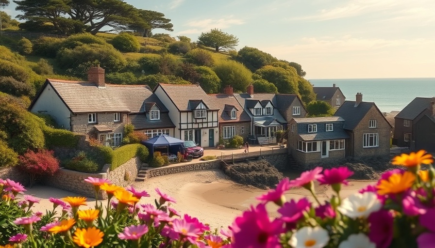 Coastal village in the Isles of Scilly viewed from beach with flowers.