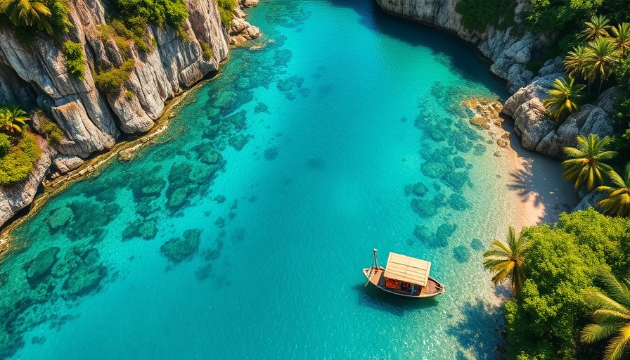 Tropical cove in the Philippines with a wooden boat, slow travel destination.