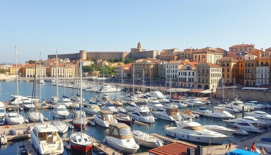 Coastal view of Alghero marina, Italy, showcasing yachts and bustling shoreline activities.