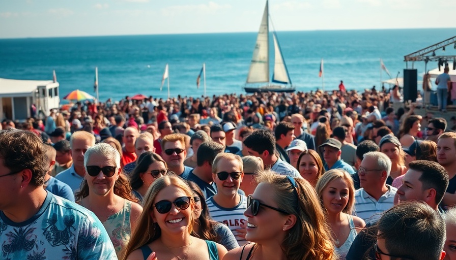 Crowd at Primavera Sound, ocean view with festival sign.