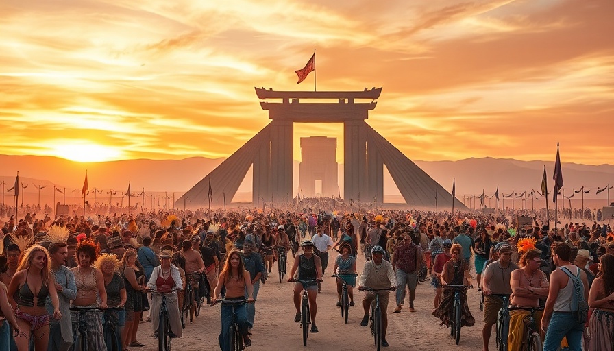Burning Man accessories and outfits at sunset festival scene.