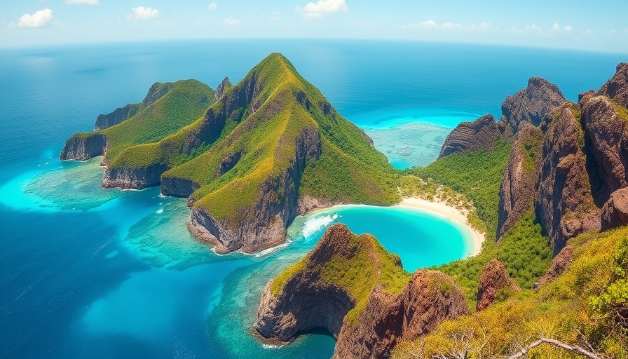 Aerial view of tropical paradise with rocky cliffs and turquoise bay, ideal for flight deals with Going™.