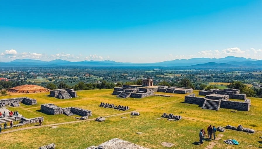 Monte Albán ruins with tourists in Oaxaca travel guide.