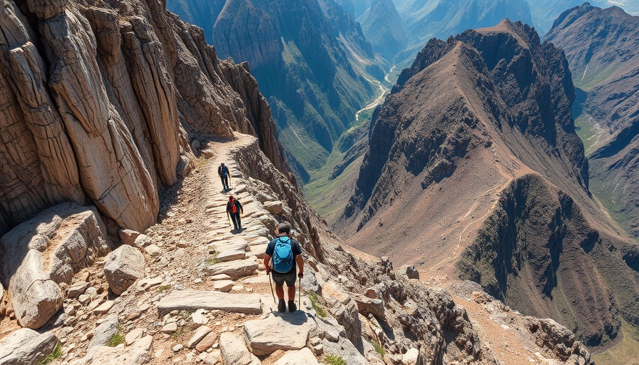 Steep rocky cliffs on Ruta del Cares Trail with hikers.