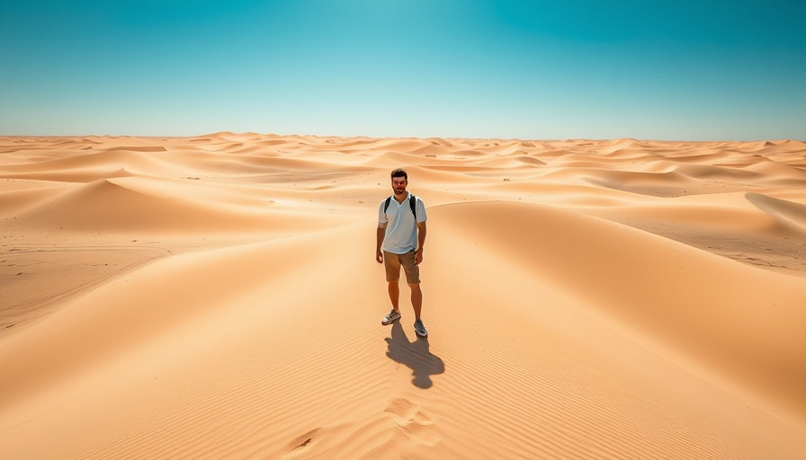 Person at Sossusvlei desert dunes under clear sky.