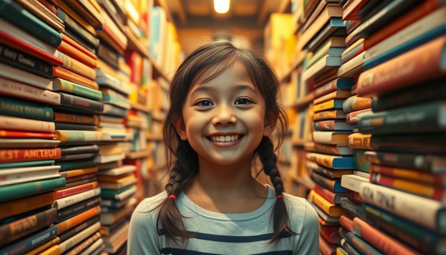 Young girl exploring a bookstore tunnel among stacked books in Downtown Los Angeles