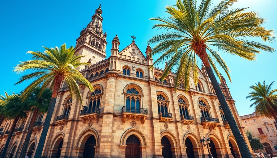 Historic Gothic building with palm trees in bright daylight.