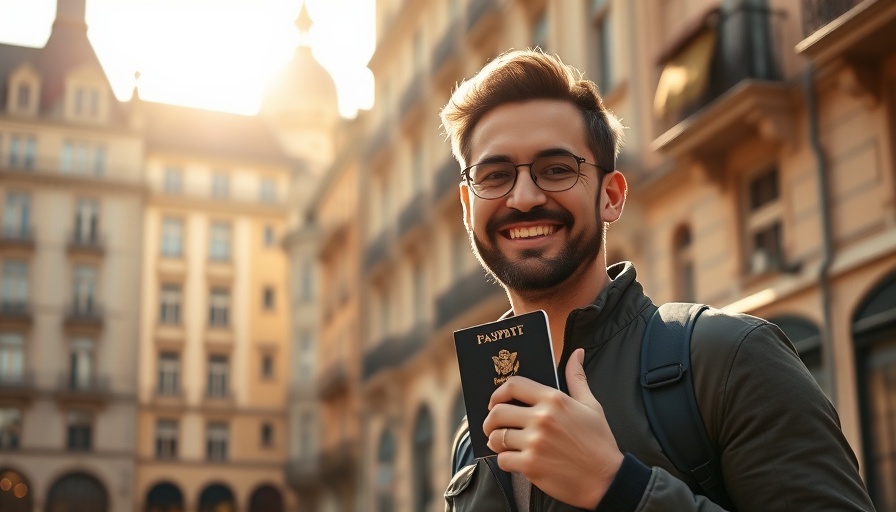 Cheerful man with passport in European city, Serbia visa context