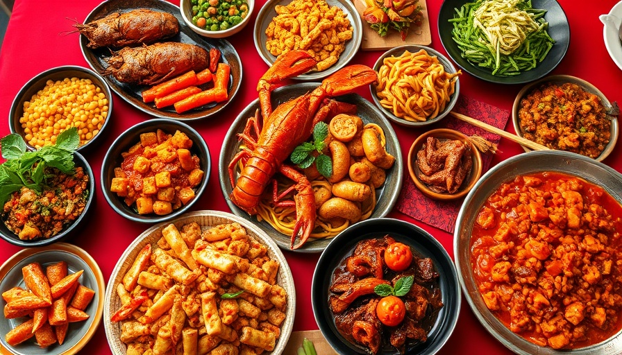 Colorful spread of Sichuan cuisine in Hong Kong on red tablecloth.