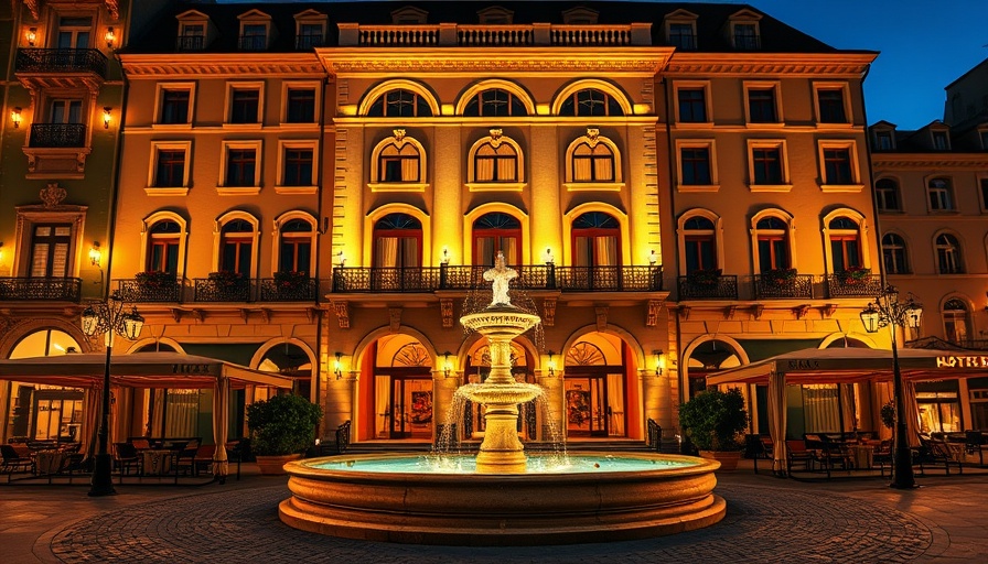 Elegant hotel exterior in Munich with evening lighting and fountain.