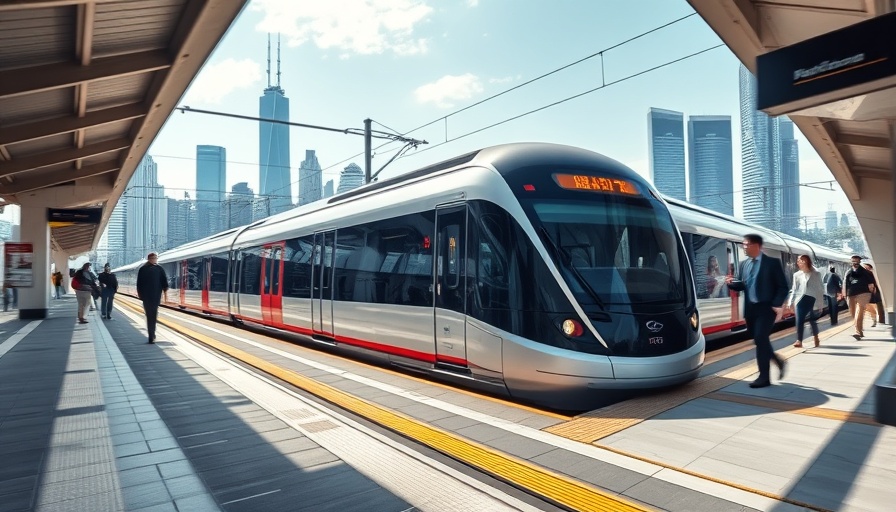 Philippines MRT-3 Dalian train at platform with city skyline